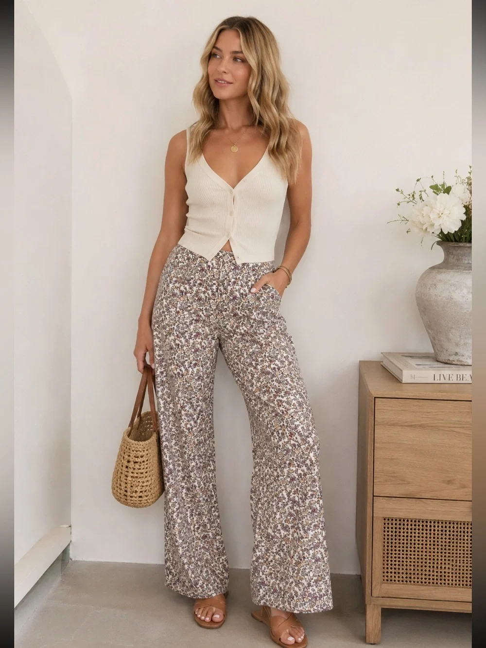 Polagram Floral Wide Leg Corduroy Pants Beige Cottagecore Boho Medium